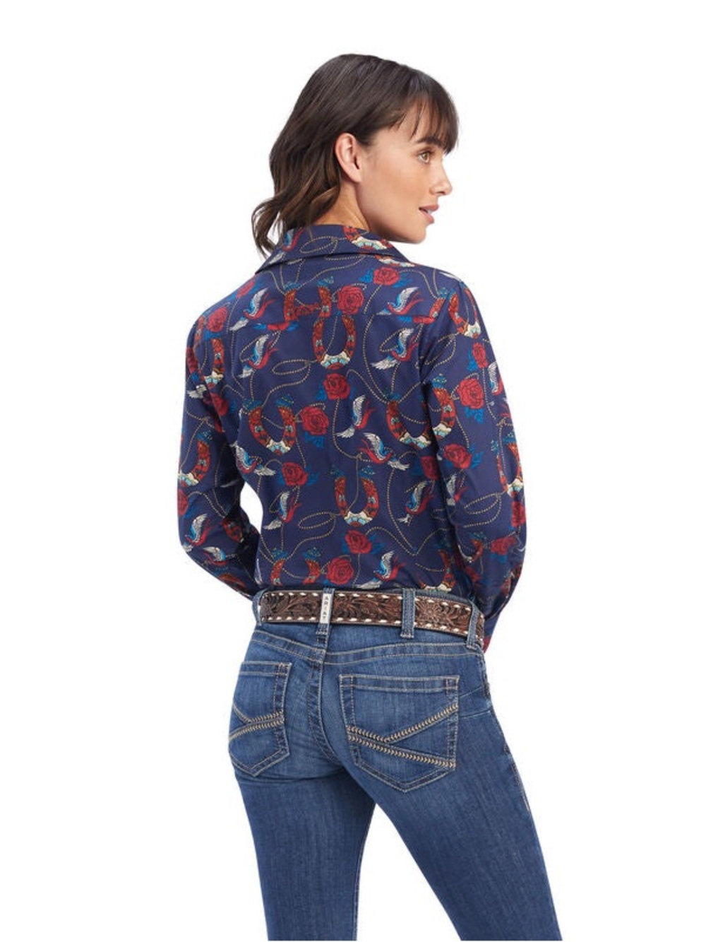 Ariat REAL Kirby Stretch Shirt M Ropey Rose Print Western Horseshoe Floral - Picture 2 of 16